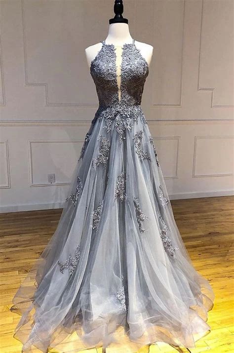 Gray Tulle Backless Long A Line Prom Dress Evening Dress With Applique