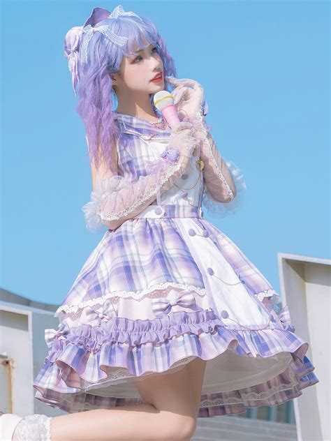 Idol Clothes Lolita Jsk Dress Lilac Print Pattern Bows Metal Details