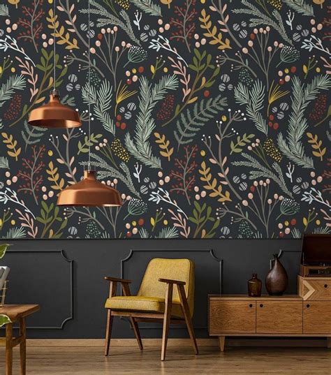 Wallpaper Leaves Peel And Stick Botanical Wallpaper Herbs Dark Etsy