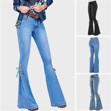 Ladies High Waist Denim Jeans Flare Wide Leg Trousers Lace Up Bell