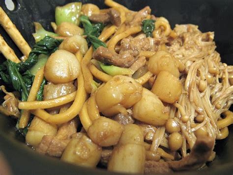 Chicken Bok Choy Enoki Mushrooms And Lo Mein Noodles