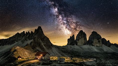 Cabin Dolomites Mountains Italy Mountains Starry Night