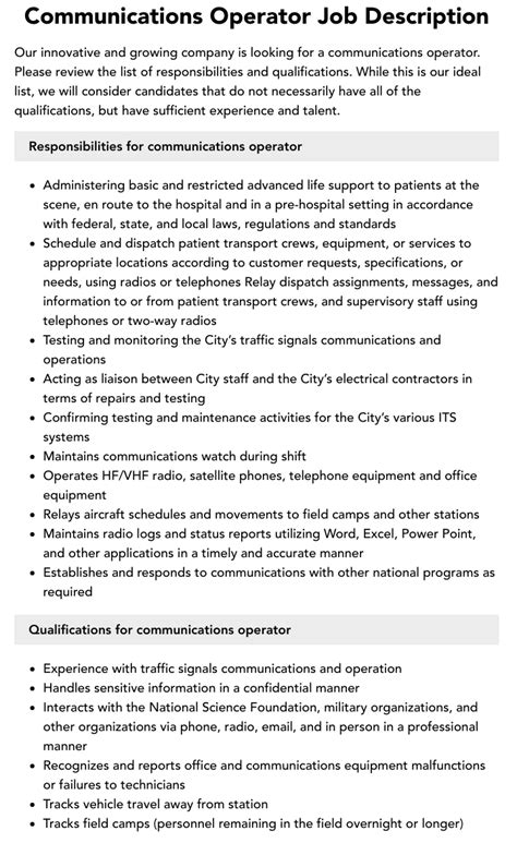 Communications Operator Job Description Velvet Jobs