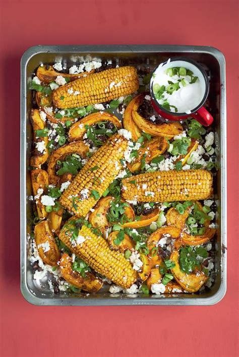 Chipotle Roasted Sweetcorn With Squash Black Beans Feta And Lime
