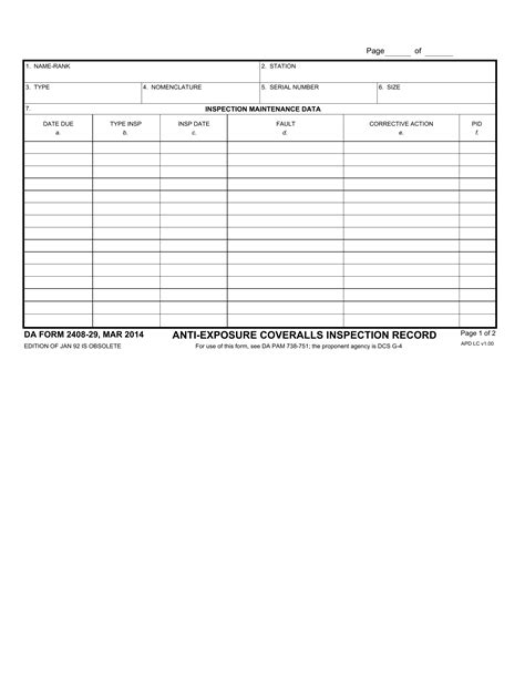 Da Form 2408 29 Anti Exposure Coveralls Inspection Record Forms
