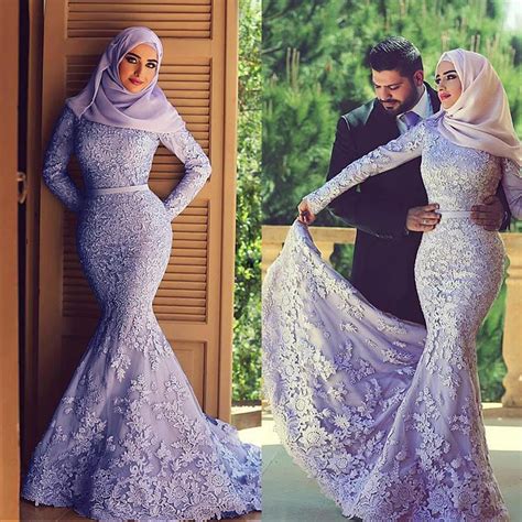 Elegant Tulle Mermaid Arabic Islamic Wedding Dresses With Beaded Lace Appliques Purple Long