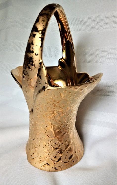 Vintage Dixon Art Studios 22k Weeping Bright Gold Handled Basketvase 8