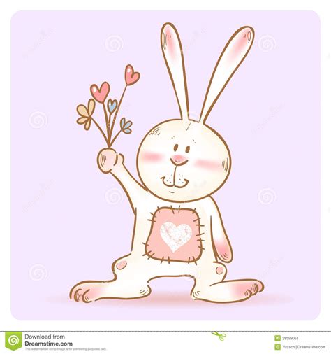card  smiling toy bunny holding flowers stock image image