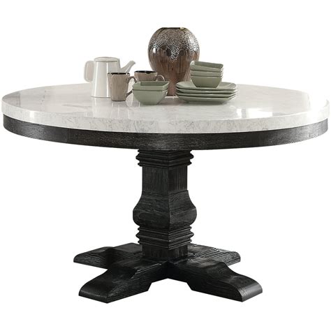 Acme Nolan Pedestal Round Dining Table White Marble And Weathered Black