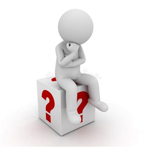3d Man Sitting And Thinking On Red Question Marks Box Over White Stock