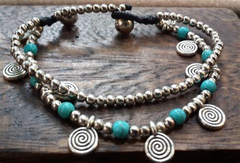 Fair Trade Thai Hill Tribe Silver Bead And Charm Bracelet Turquoise Swirl Hill Tribe Silver