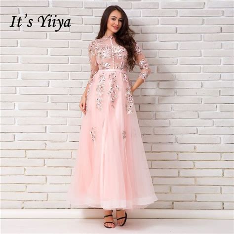 It’s Yiiya Evening Dress Pink Long Sleeves Floral Print Lace Up A Line Floor Length Party Gown