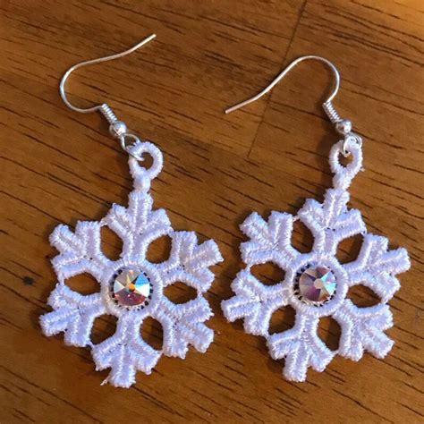 Machine Lace Fsl Snowflake Earrings With Swarovski Crystal Etsy