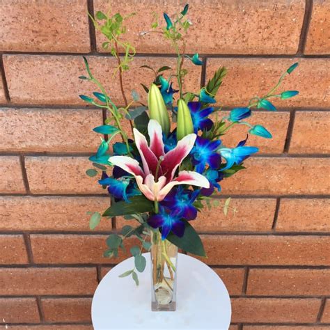Blue Orchids And Stargazer Lily Vase In San Diego Ca House Of Stemms