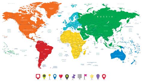 Detailed Vector World Map With Colorful Continents And Flat Map Stock