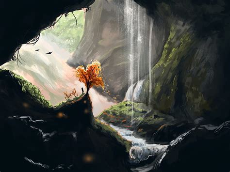 Sunlight Waterfall Cave Timelapse Hd Wallpaper Nature