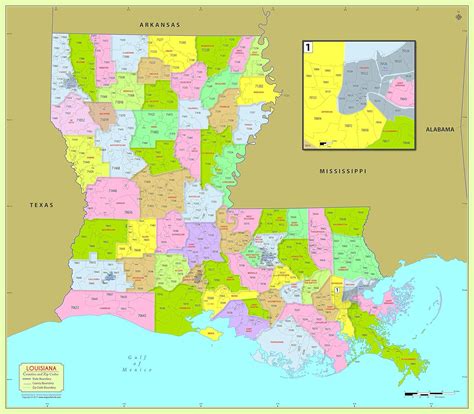 Louisiana County With Zip Code Map 48 W X 42 H