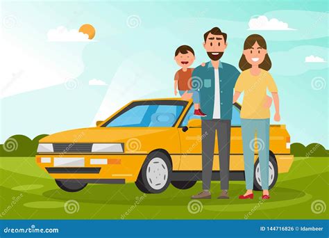 E 父亲、去的母亲和的孩子乘汽车旅行有自然背景 库存例证 插画 包括有 愉快 人们 父亲 动画片 144716826