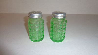 Vintage HAZEL ATLAS Green Vaseline Depression Glass Salt Pepper