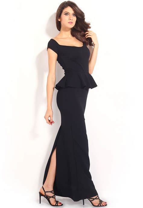 Drop Shoulder Black Peplum Maxi Formal Dress Peplum Maxi