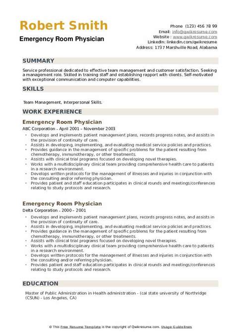 Threatened or injured and damaged communities. Emergency Room Physician Resume Samples | QwikResume
