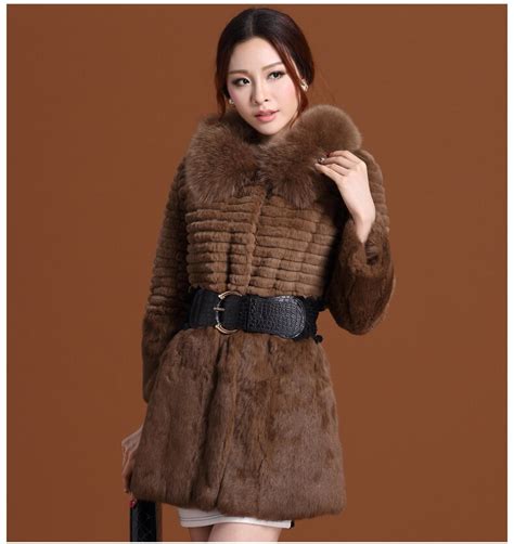 lovely jinnuo genuine rabbit fur coat with fox fur collar women long full pelt rabbit fur jacket