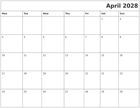 April 2028 Printable Calender