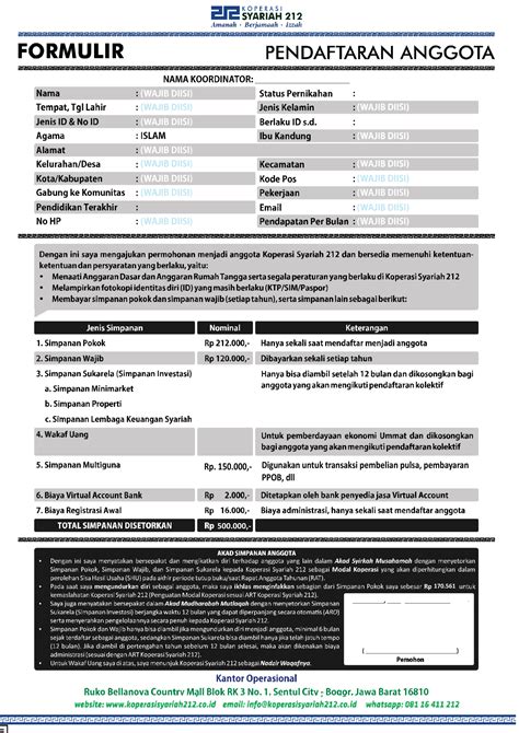 Formulir Pendaftaran Anggota Baru Koperasi Koperasi Syariah 212