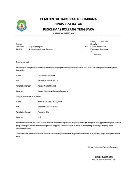 Jika kamu masih bingung harus membuat seperti apa.kamu bisa menggunakan contoh surat lamaran kerja tesebut sebagai acuan untuk. Contoh Surat Keterangan Bebas Temuan Dari Inspektorat ...