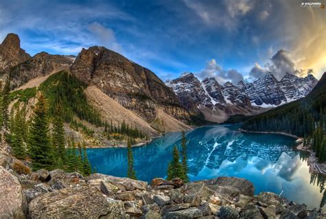 Trees Viewes Stones Lake Mountains For Desktop Wallpapers 2048x1380