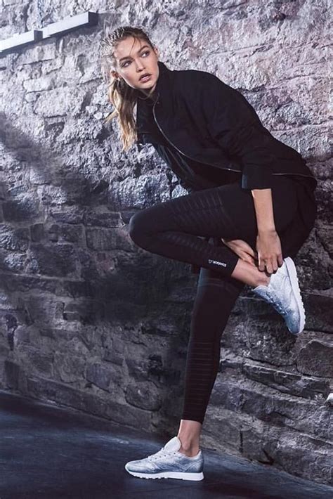 Gigi Hadid Wearing Reebok X Face Stockholm Classic Leather Spirit Sneakers In Silver Presence