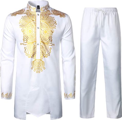 Clothing Lucmatton Mens African 2 Piece Set Long Sleeve Gold Print Dashiki And Pants Outfit