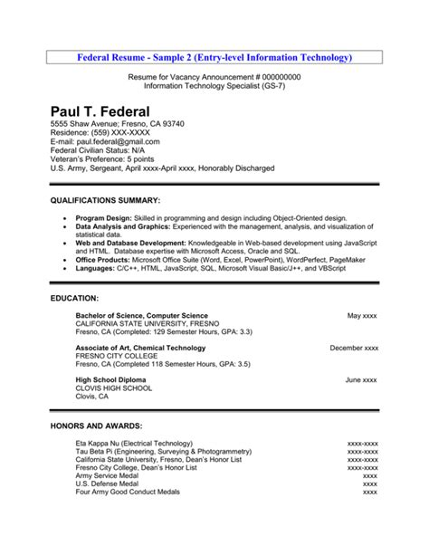 Paul T Federal Federal Resume Sample 2 Entry Level Information