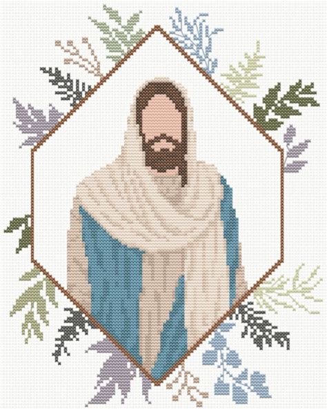 Jesus Christ Cross Stitch Pattern Tealpurple With Colorbandw Pattern