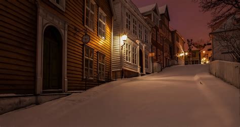 Nature Winter Snow Norway Town House Night Lights Hill Trees