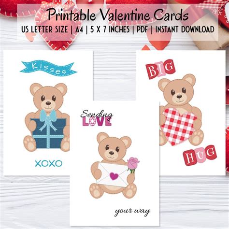 Printable Teddy Bear Valentine Cards Valentine For Kids Etsy Canada