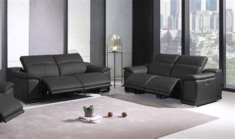 Dark Gray Leather Power Reclining Sofa And Loveseat Set 2pcs Modern