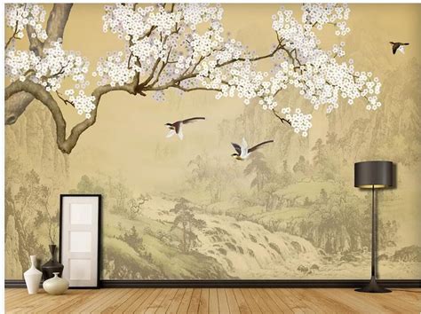 Chinoiserie Hanging Cherry Tree Wallpaper Flying Birds Home Etsy