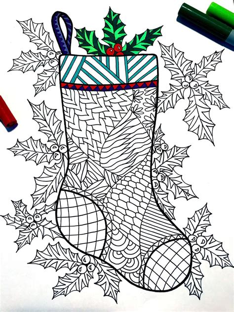 christmas stocking  holly  zentangle coloring page scribble stitch