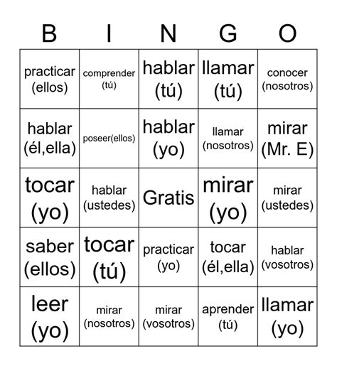 Spanish Present Tense Indicative Bingo Card