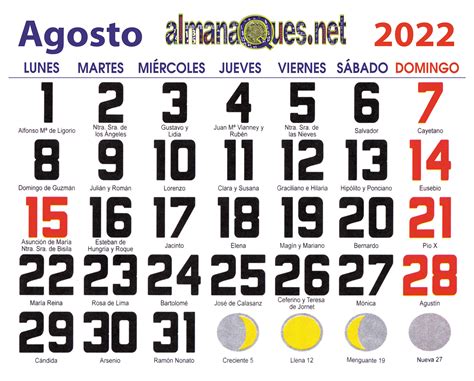 Calendario 2022 Con Santoral Y Lunas