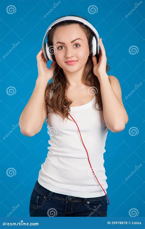 Beautiful Smiling Girl Listening Music Wearing White Headphones Stock