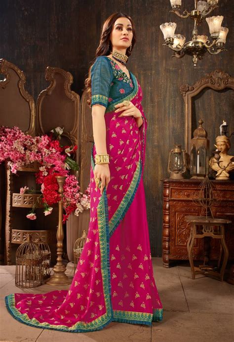 Pink Printed Georgette Saree With Blouse Manohari 2926790