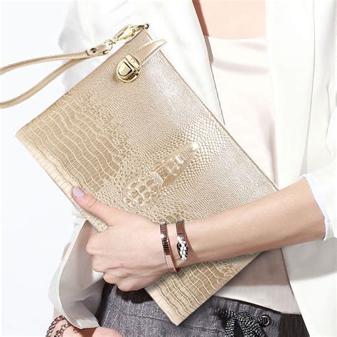 Women Gold Clutch Bag Leather Handbags Crocodile Pattern Single