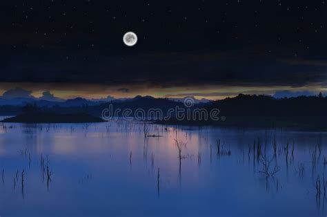 Landscape Lake With Full Moon Stock Illustration Illustration Of