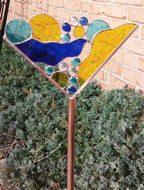 Stained Glass Martini Garden Stake Aqua Rose Teal Green Etsy Stained Glass Glass Garden Art