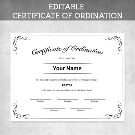 Certificate Of Ordination Simple Design Editable Printable Editable