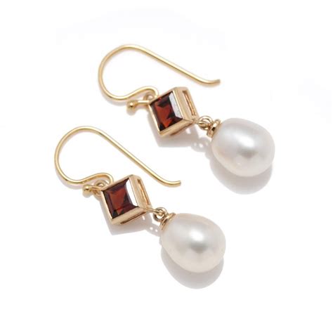 Garnet And Pearl Drop Earrings In 9ct Gold Earrings Jewellery