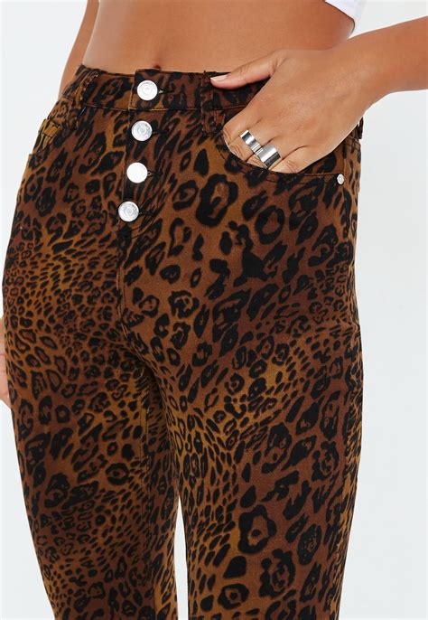 missguided denim brown leopard print cropped kick flare jeans lyst