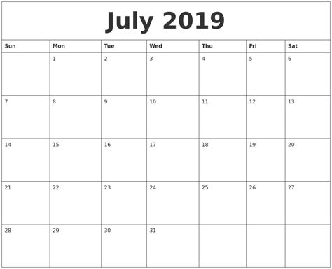 July 2019 Calendar